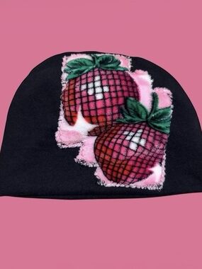 STRAWBERRY DISCO BEANIE hand stitched beanie with strawberry design - SMALL
